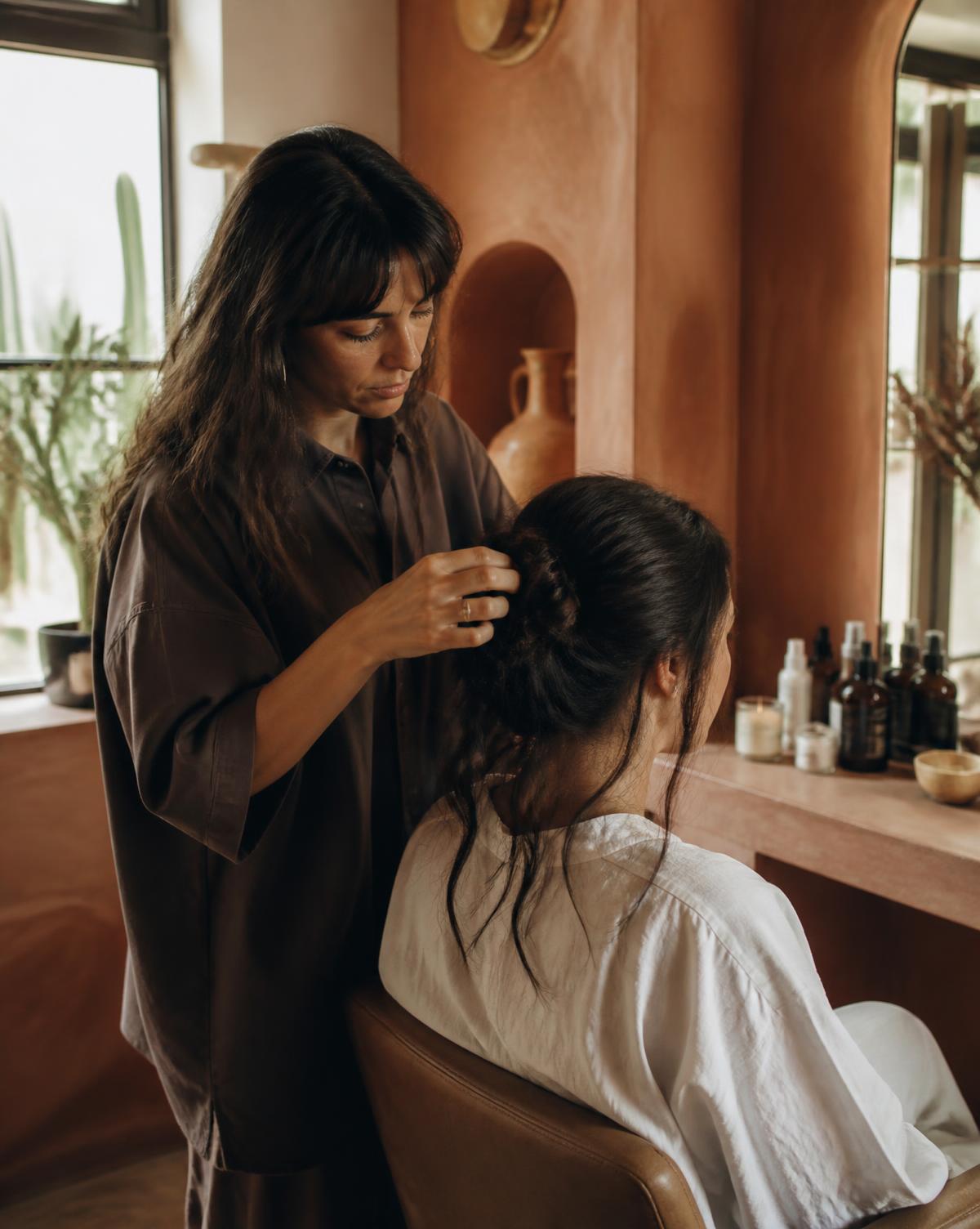 Artist styling a client's hair beside a terracotta wall in the Mesa studio