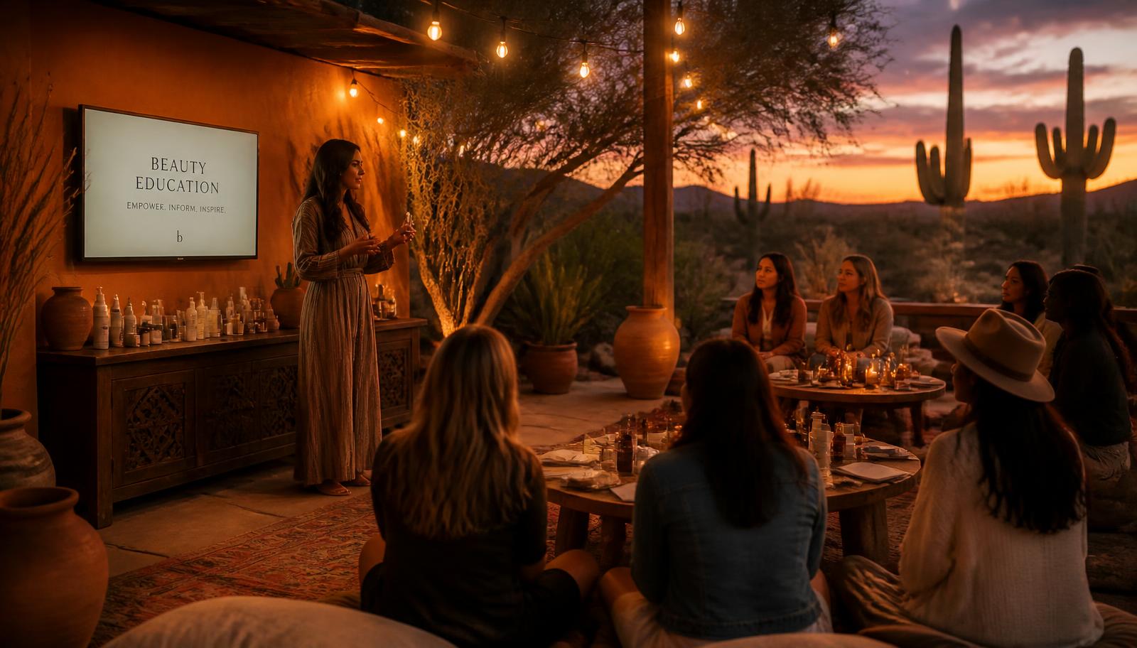 Evening gathering in the desert courtyard with string lights and low tables