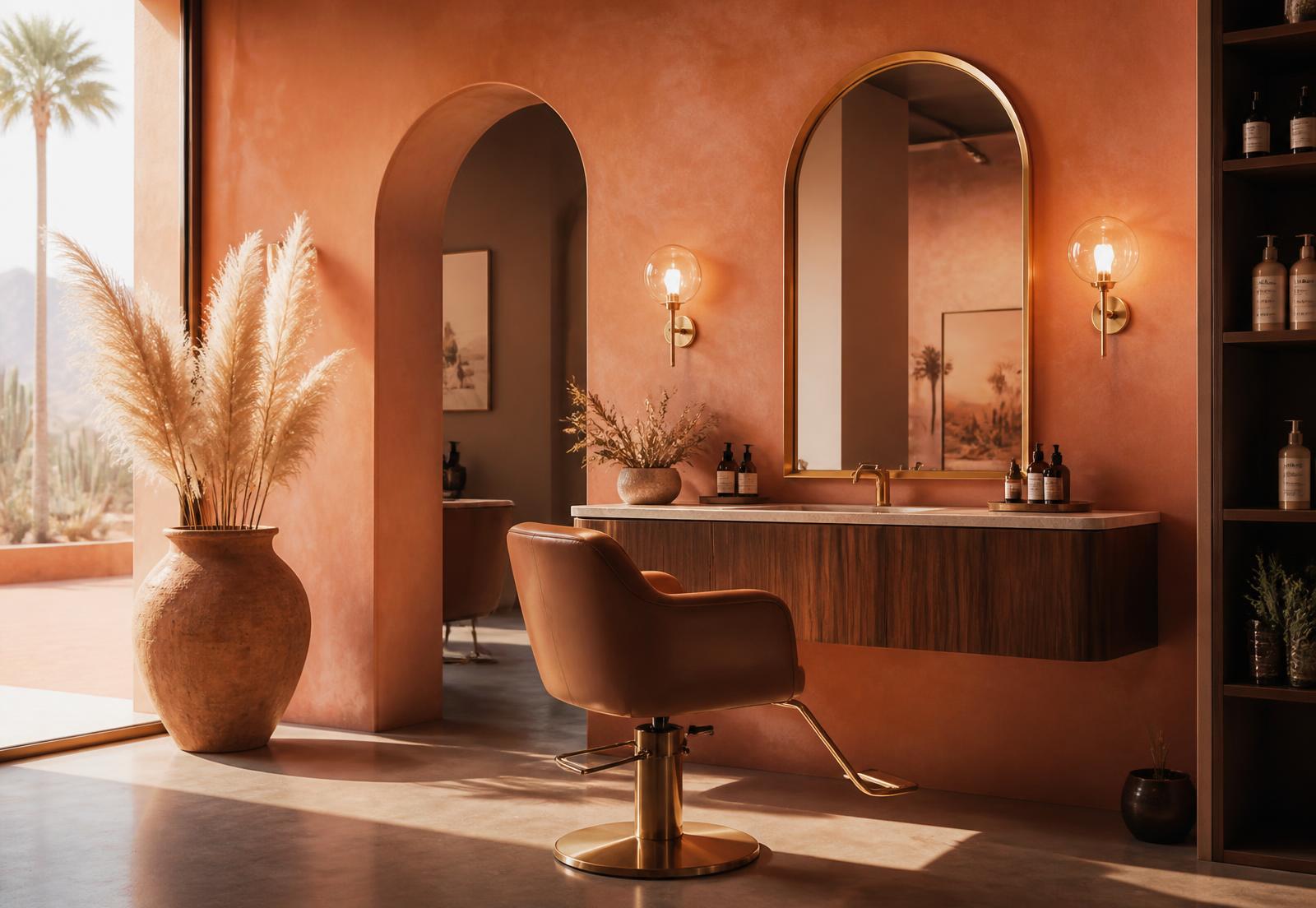 Sunlit terracotta studio interior at Moxie Glow Collective with brass fixtures and an arched doorway