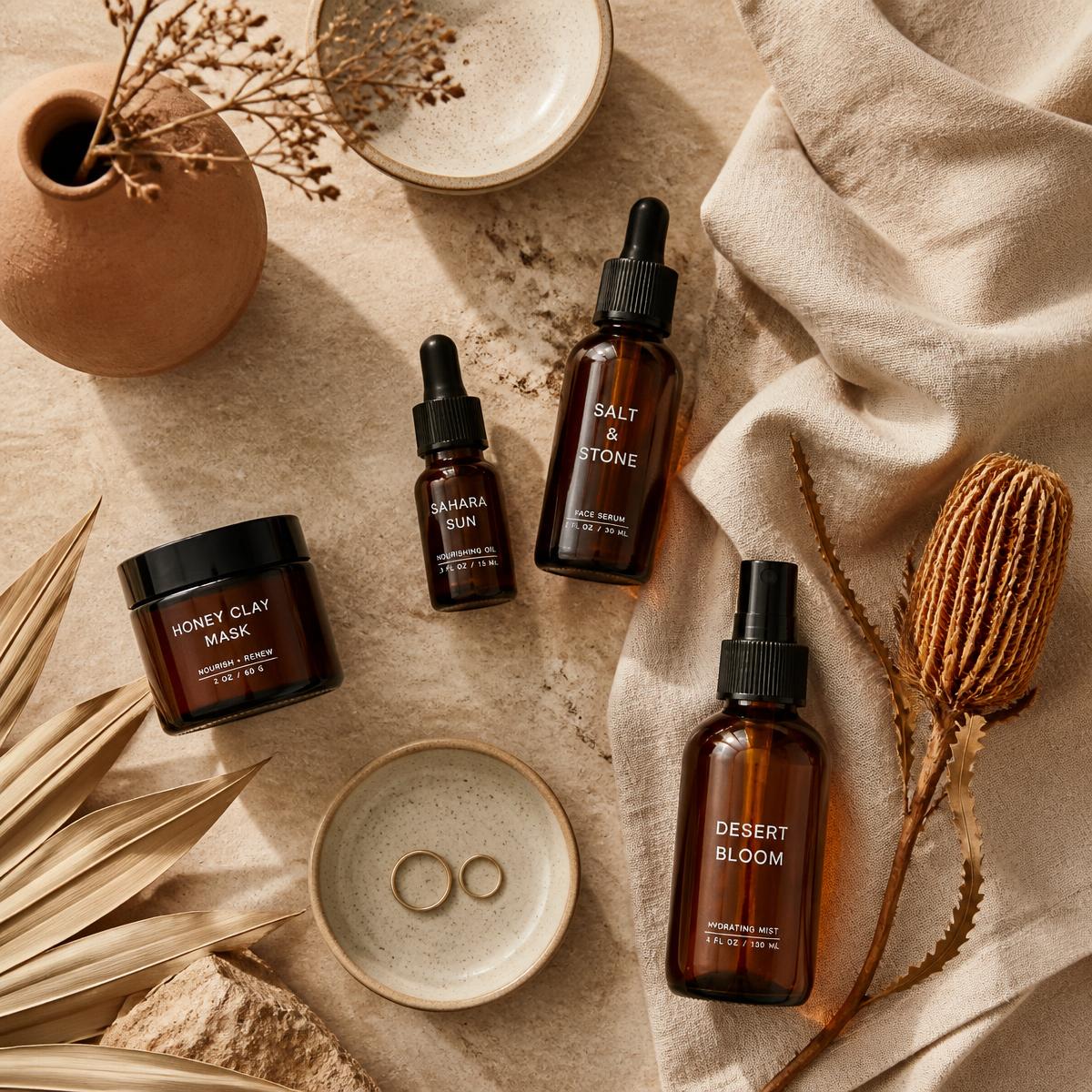 Amber glass serums and ceramic vessels arranged on a sandstone surface